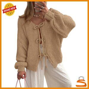 Chunky Knit Tie Front Cardigan with Puff Sleeves for Fall Winter